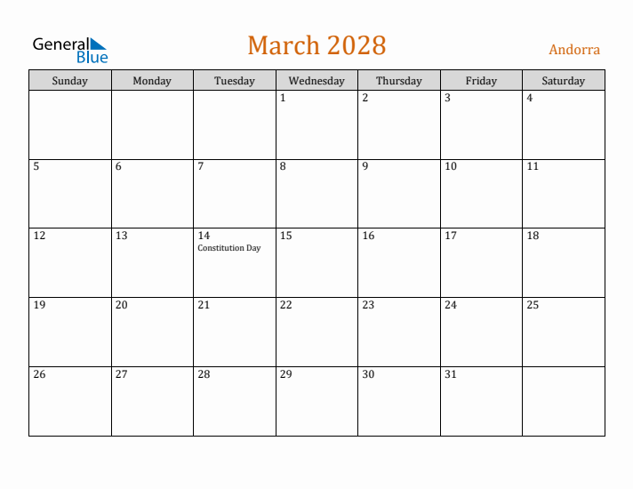 March 2028 Holiday Calendar with Sunday Start