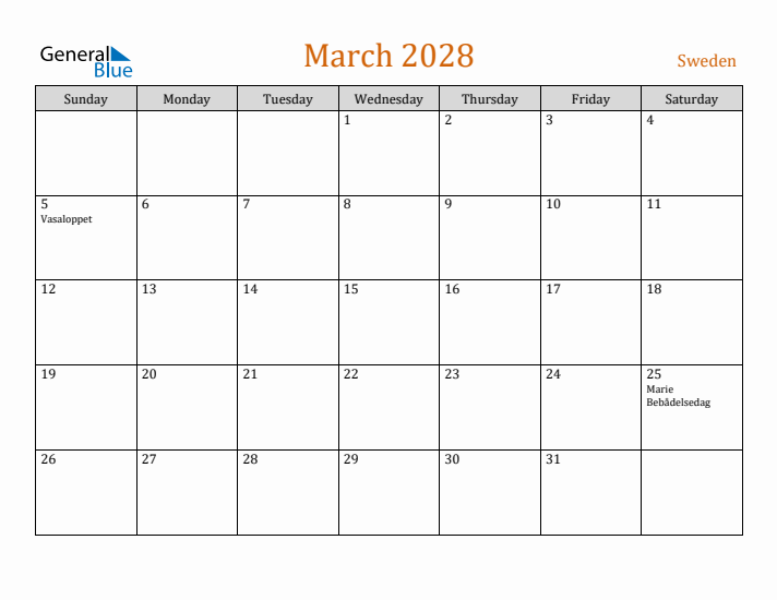 March 2028 Holiday Calendar with Sunday Start