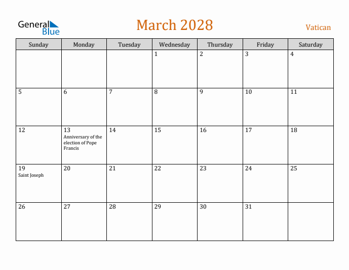 March 2028 Holiday Calendar with Sunday Start