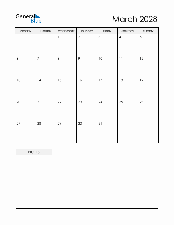 Printable Calendar with Notes - March 2028 