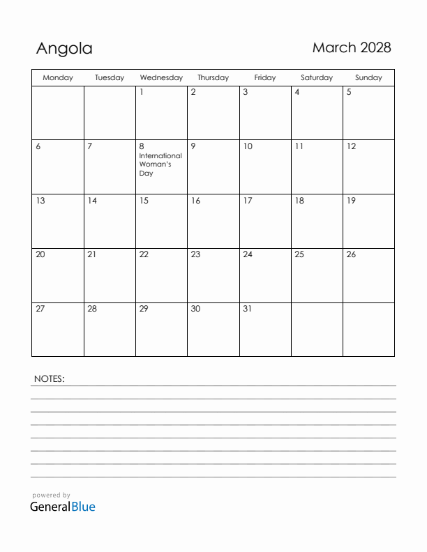 March 2028 Angola Calendar with Holidays (Monday Start)