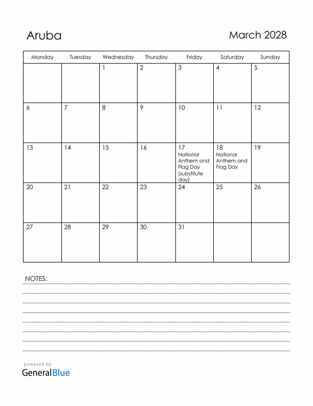March 2028 Aruba Calendar with Holidays (Monday Start)