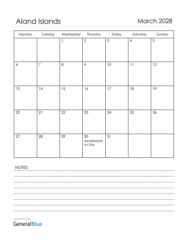 March 2028 Aland Islands Calendar with Holidays (Monday Start)