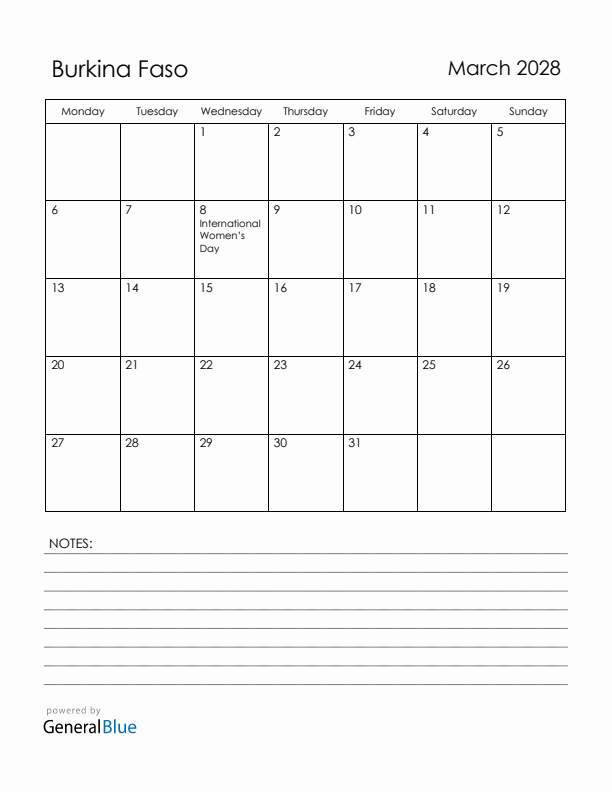 March 2028 Burkina Faso Calendar with Holidays (Monday Start)