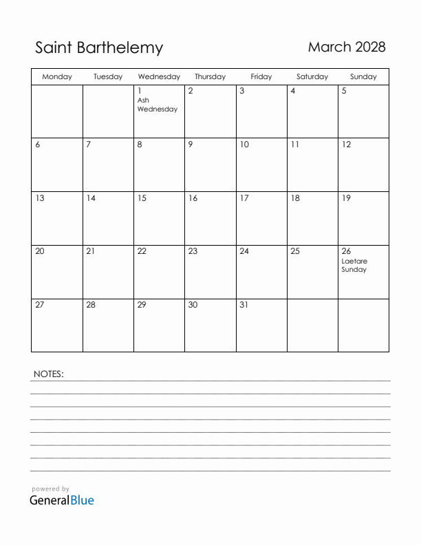 March 2028 Saint Barthelemy Calendar with Holidays (Monday Start)