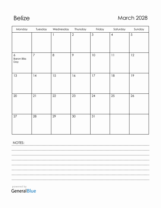 March 2028 Belize Calendar with Holidays (Monday Start)