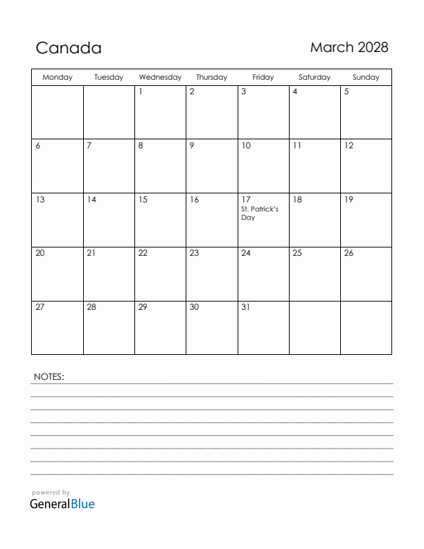 March 2028 Canada Calendar with Holidays (Monday Start)