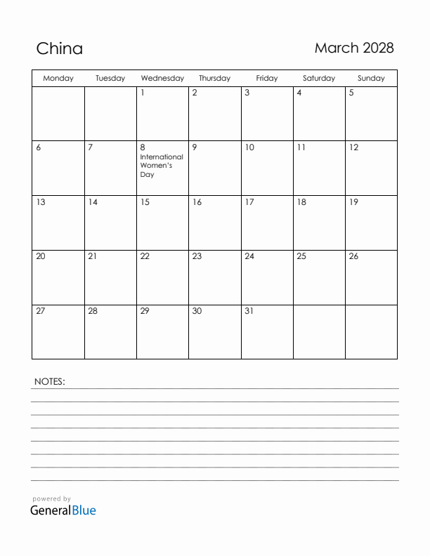 March 2028 China Calendar with Holidays (Monday Start)