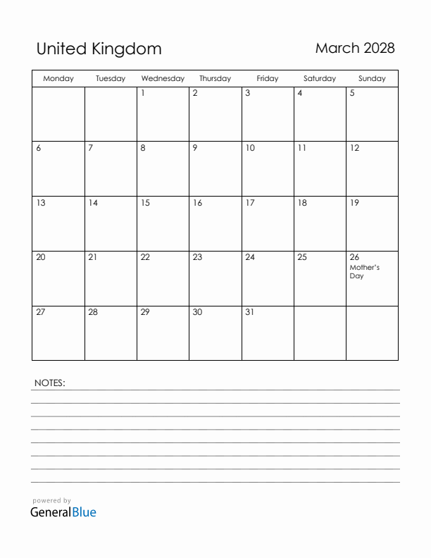 March 2028 United Kingdom Calendar with Holidays (Monday Start)