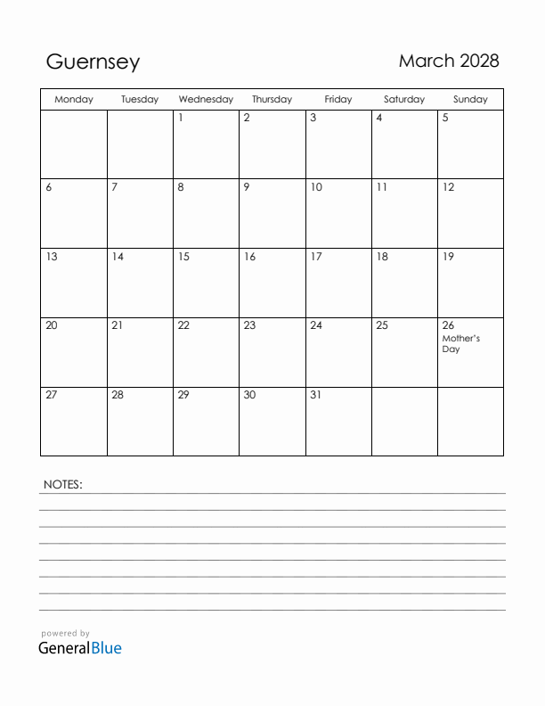 March 2028 Guernsey Calendar with Holidays (Monday Start)