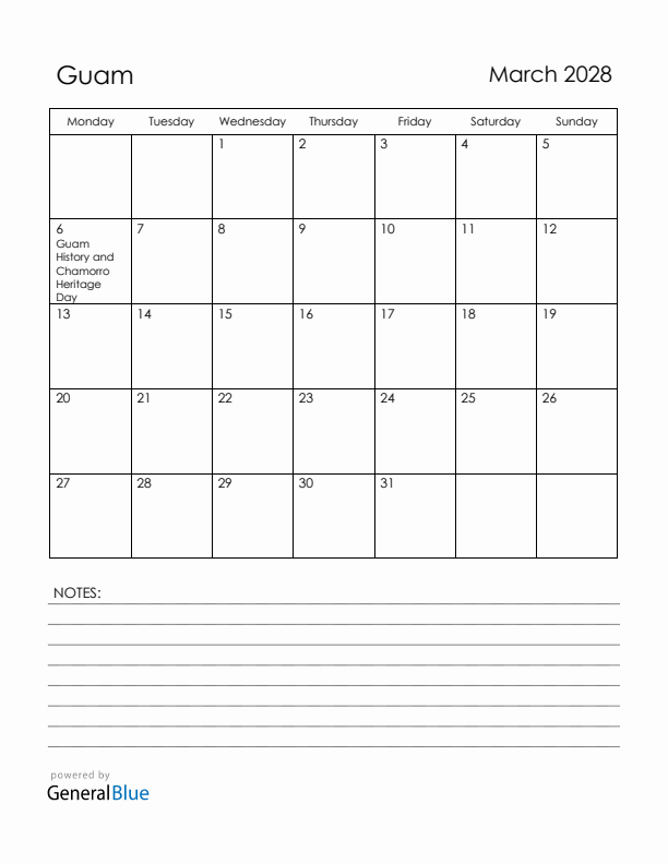 March 2028 Guam Calendar with Holidays (Monday Start)