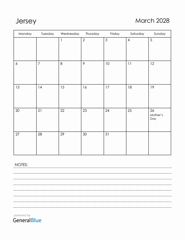 March 2028 Jersey Calendar with Holidays (Monday Start)