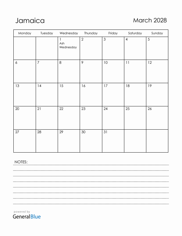 March 2028 Jamaica Calendar with Holidays (Monday Start)