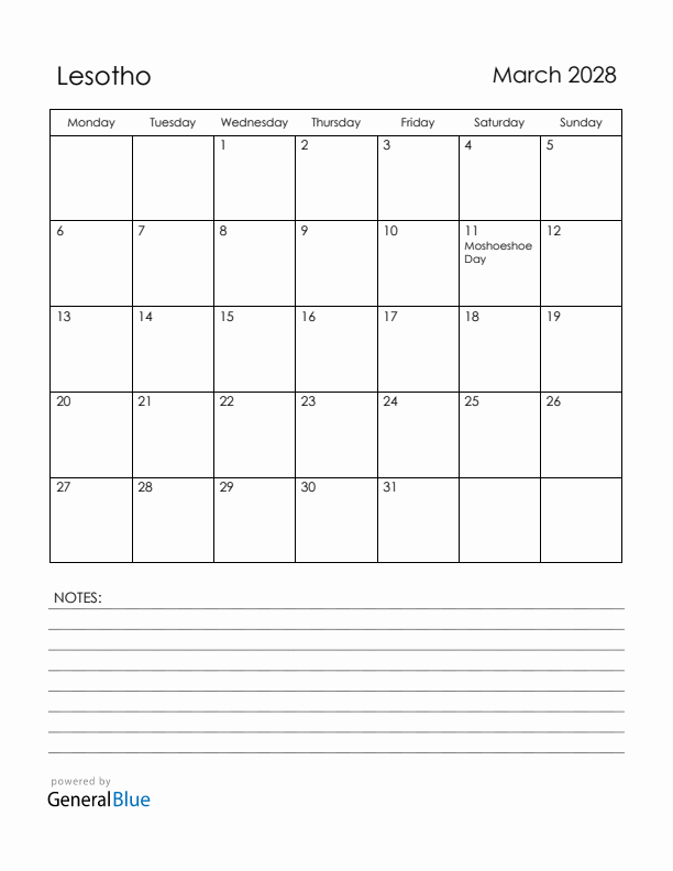 March 2028 Lesotho Calendar with Holidays (Monday Start)