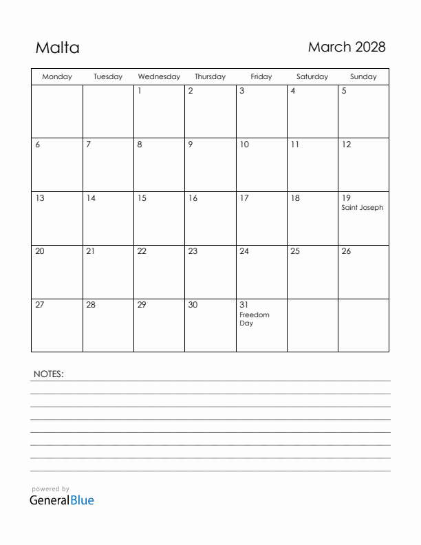 March 2028 Malta Calendar with Holidays (Monday Start)