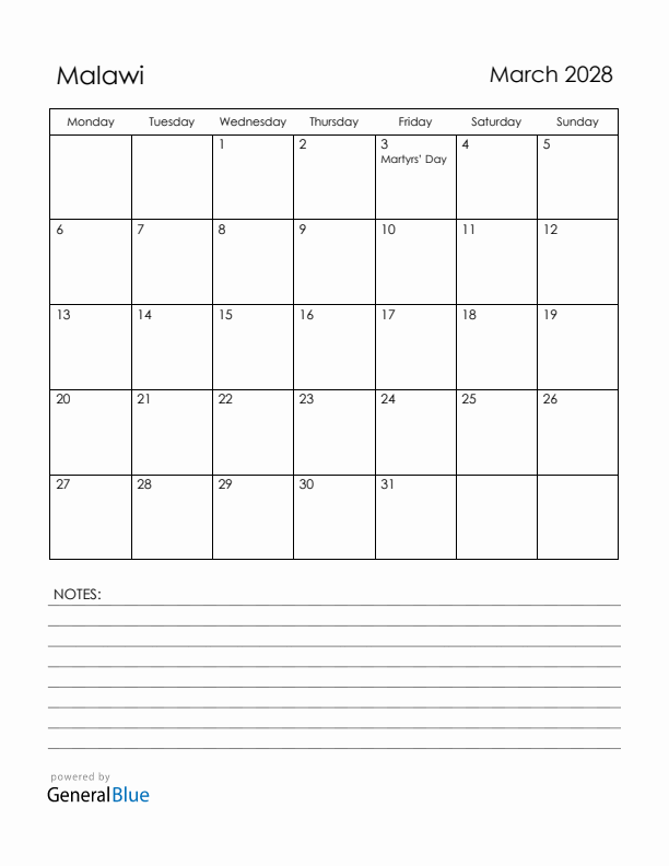 March 2028 Malawi Calendar with Holidays (Monday Start)
