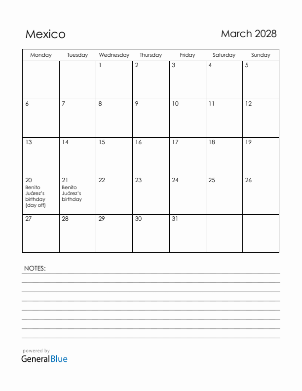 March 2028 Mexico Calendar with Holidays (Monday Start)