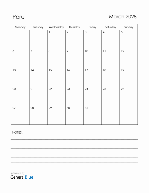March 2028 Peru Calendar with Holidays (Monday Start)