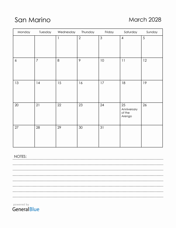 March 2028 San Marino Calendar with Holidays (Monday Start)