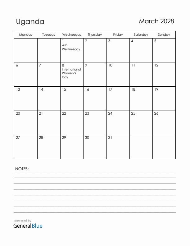 March 2028 Uganda Calendar with Holidays (Monday Start)