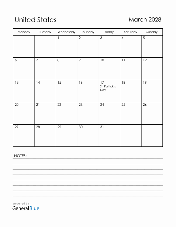 March 2028 United States Calendar with Holidays (Monday Start)