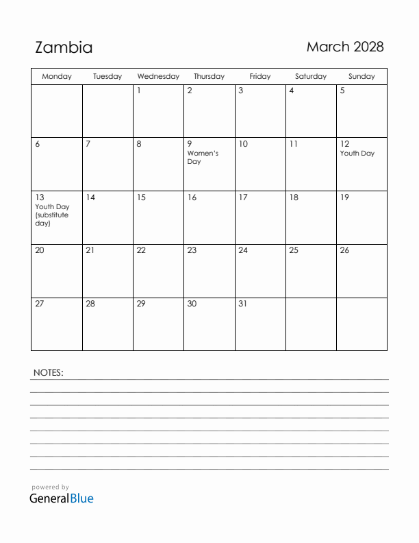 March 2028 Zambia Calendar with Holidays (Monday Start)