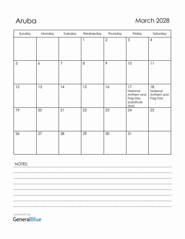 March 2028 Aruba Calendar with Holidays (Sunday Start)