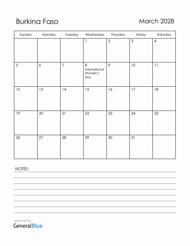 March 2028 Burkina Faso Calendar with Holidays (Sunday Start)