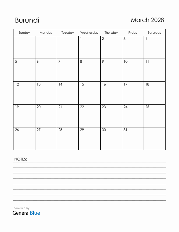 March 2028 Burundi Calendar with Holidays (Sunday Start)