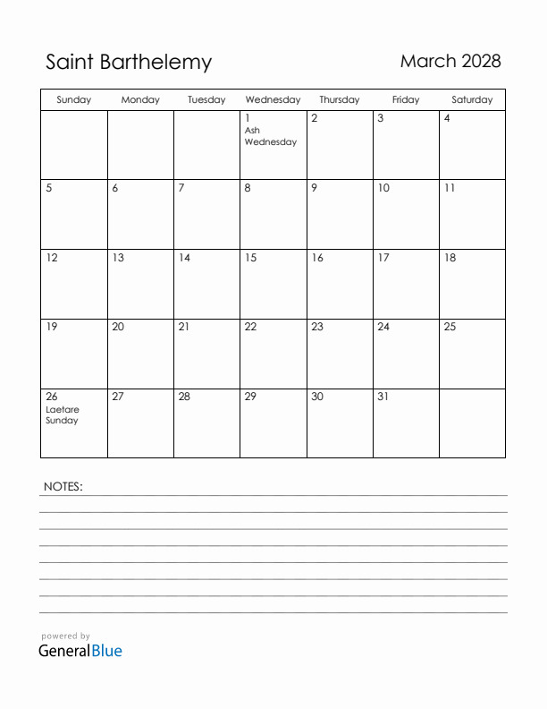 March 2028 Saint Barthelemy Calendar with Holidays (Sunday Start)