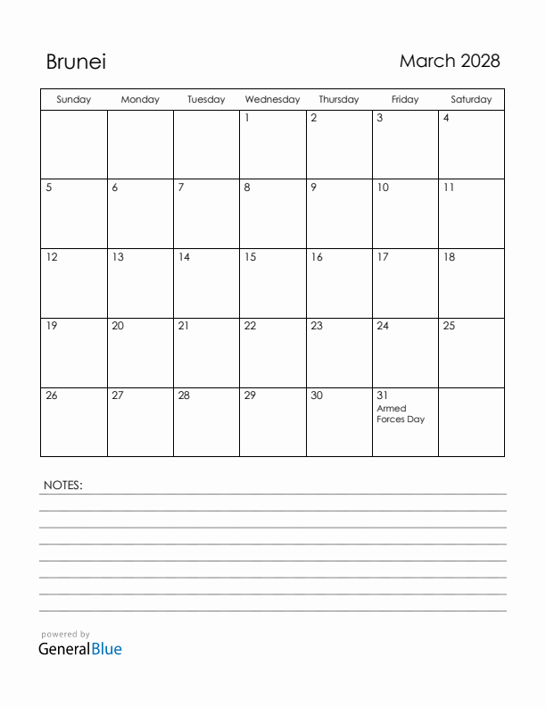 March 2028 Brunei Calendar with Holidays (Sunday Start)