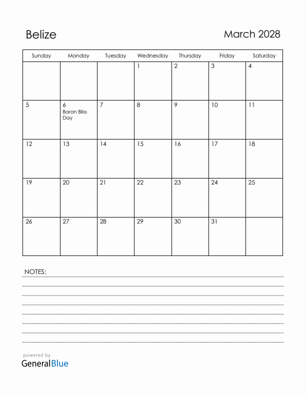 March 2028 Belize Calendar with Holidays (Sunday Start)