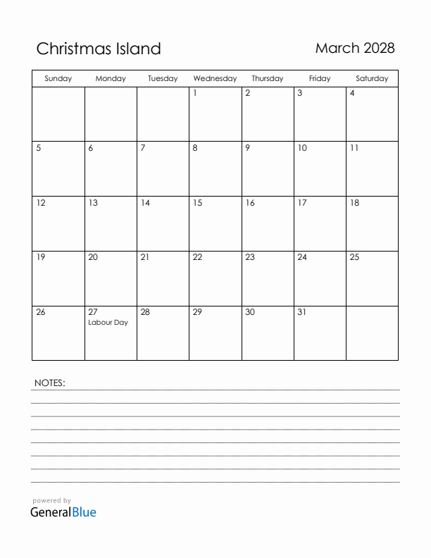 March 2028 Christmas Island Calendar with Holidays (Sunday Start)