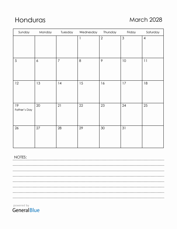 March 2028 Honduras Calendar with Holidays (Sunday Start)