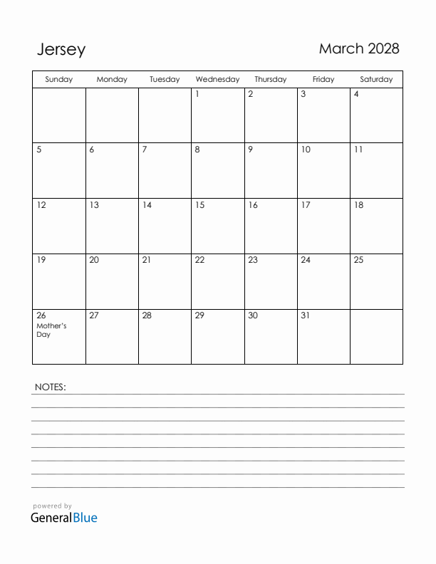 March 2028 Jersey Calendar with Holidays (Sunday Start)