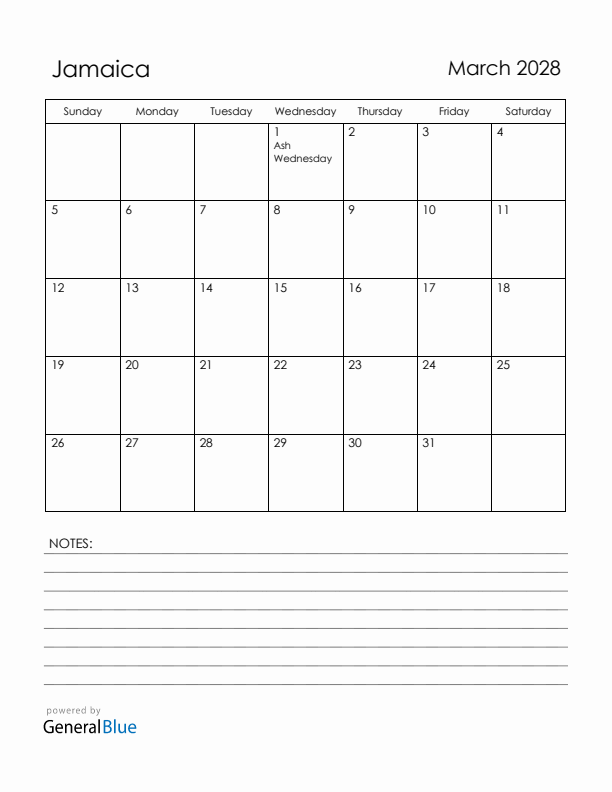 March 2028 Jamaica Calendar with Holidays (Sunday Start)