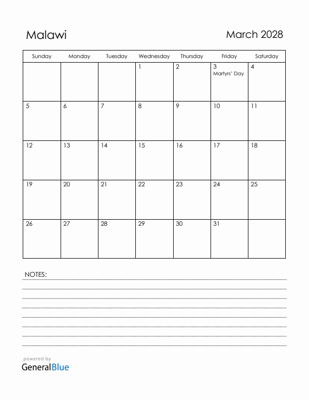 March 2028 Malawi Calendar with Holidays (Sunday Start)