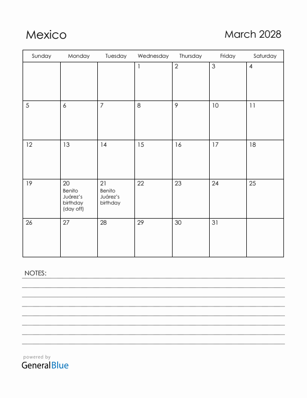 March 2028 Mexico Calendar with Holidays (Sunday Start)
