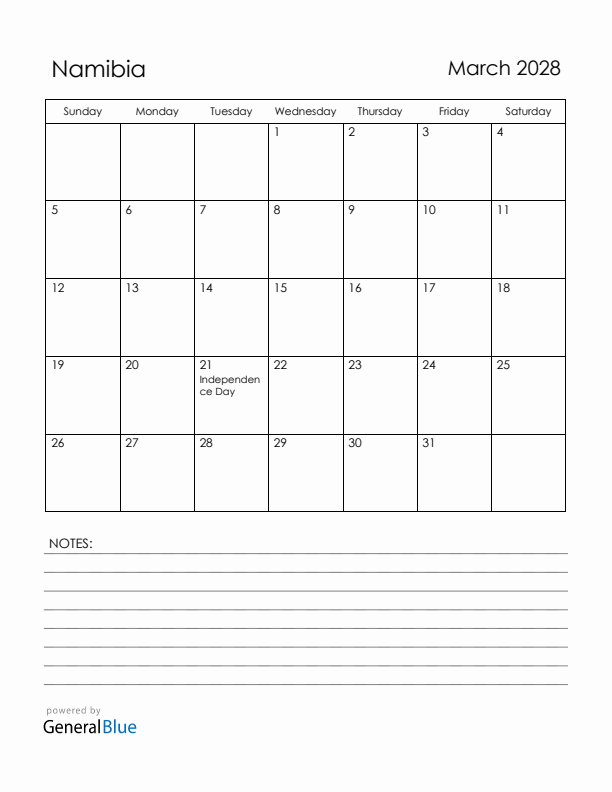 March 2028 Namibia Calendar with Holidays (Sunday Start)