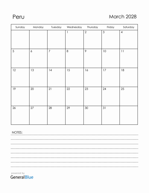 March 2028 Peru Calendar with Holidays (Sunday Start)