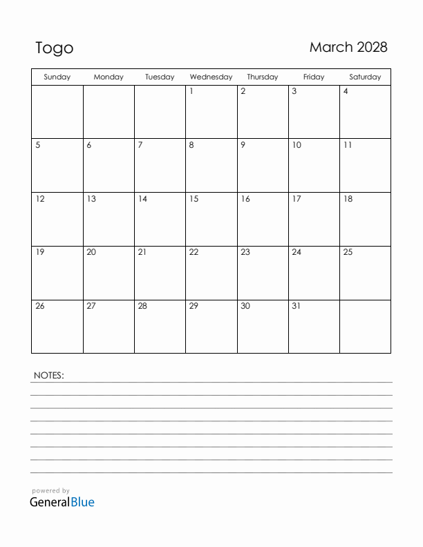 March 2028 Togo Calendar with Holidays (Sunday Start)