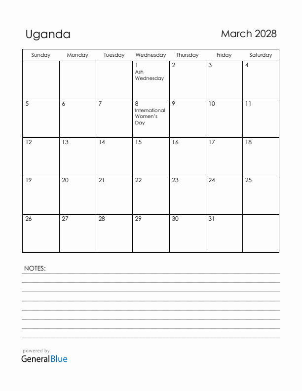 March 2028 Uganda Calendar with Holidays (Sunday Start)