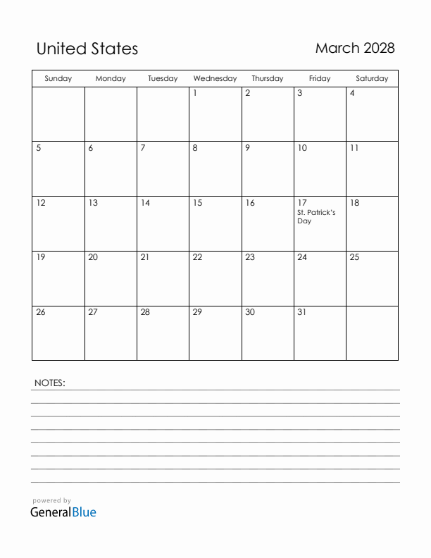 March 2028 United States Calendar with Holidays (Sunday Start)