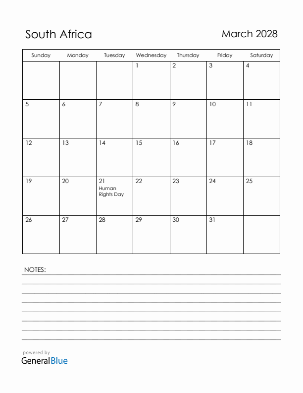 March 2028 South Africa Calendar with Holidays (Sunday Start)