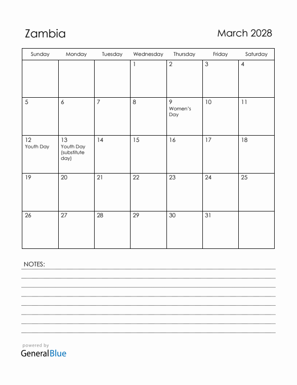 March 2028 Zambia Calendar with Holidays (Sunday Start)