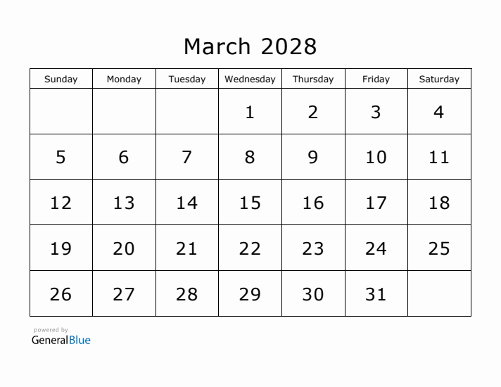 Printable March 2028 Calendar - Sunday Start