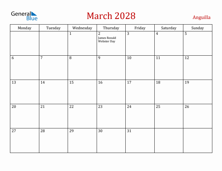 Anguilla March 2028 Calendar - Monday Start