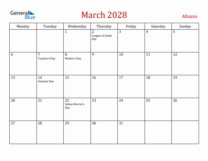 Albania March 2028 Calendar - Monday Start