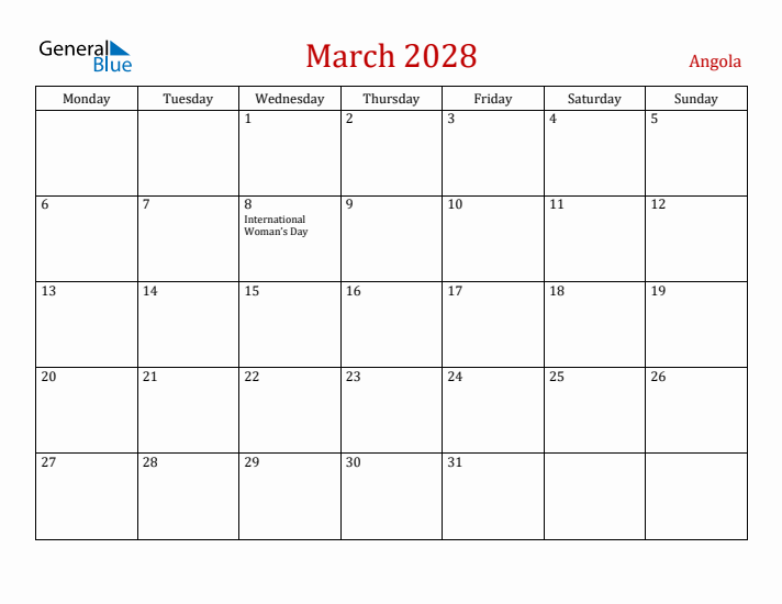 Angola March 2028 Calendar - Monday Start
