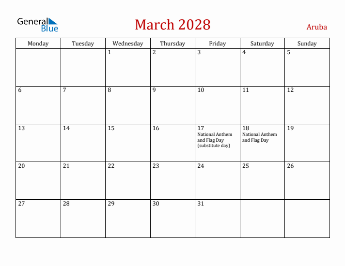 Aruba March 2028 Calendar - Monday Start